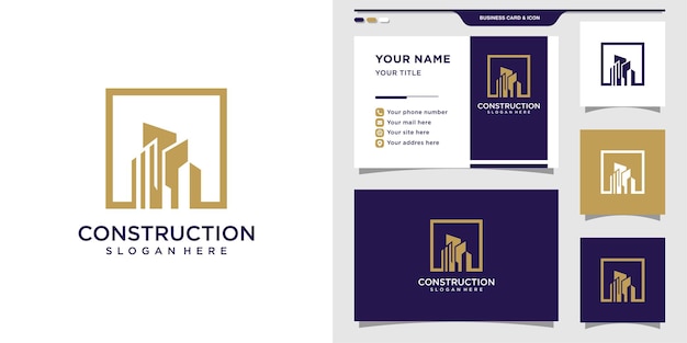 Construction logo with square concept and business card design 