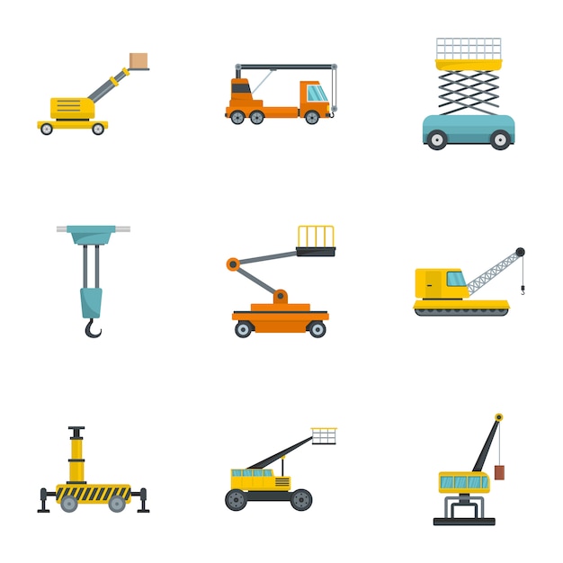 Construction machinery icons set, cartoon style