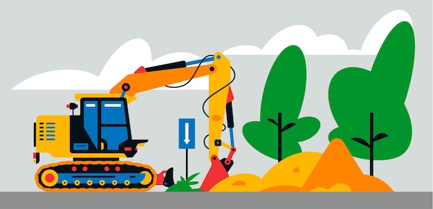 Vector construction machinery works at the site construction machinery excavator on the background of a landscape of trees sand vector illustration on background