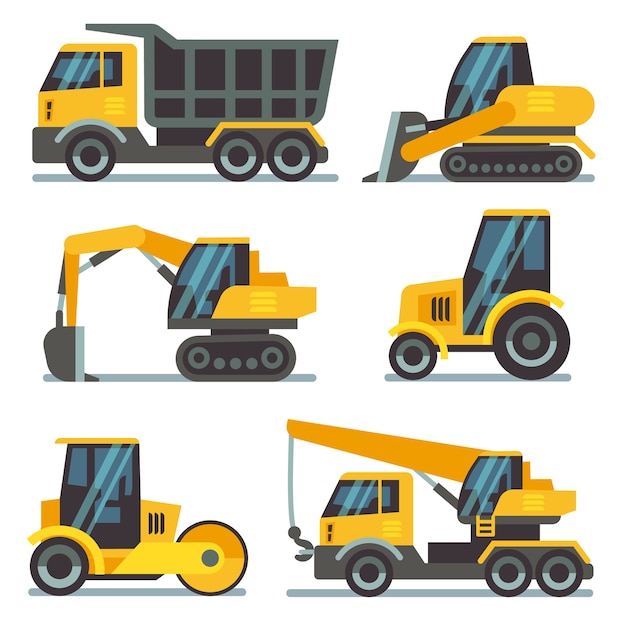 Construction machines, heavy equipment, construction vehicles flat vector icons. Excavator and crane