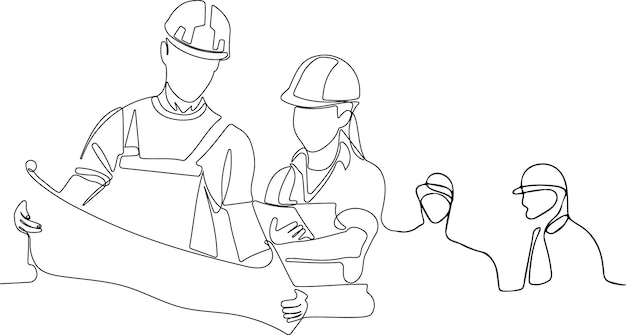 Construction manager and engineer working on building site. Vector illustration