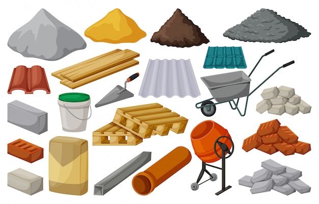 Construction material isolated cartoon set icon. Cartoon set icon building tools. illustration construction material on white background.