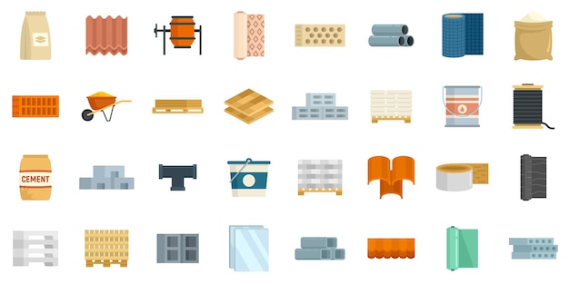 Construction materials icons set. Flat set of construction materials vector icons isolated on white background