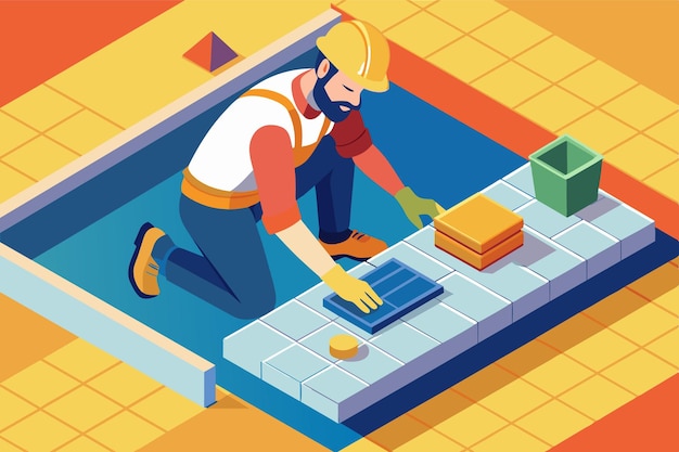 Vector a construction professional is kneeling and laying tiles on a blue floor surrounded by stacks of tiles and building tools in a vibrant workspace