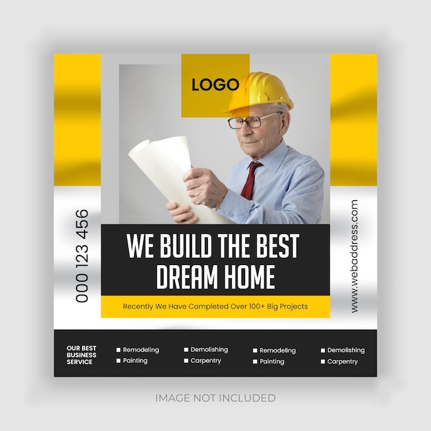 Vector construction renovation handyman home repair flyer and dream home social media post banner