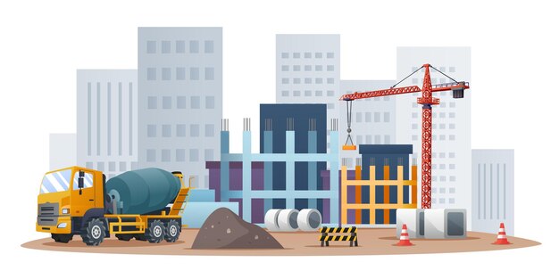 Vector construction site concept with concrete mixer truck and material equipment illustration