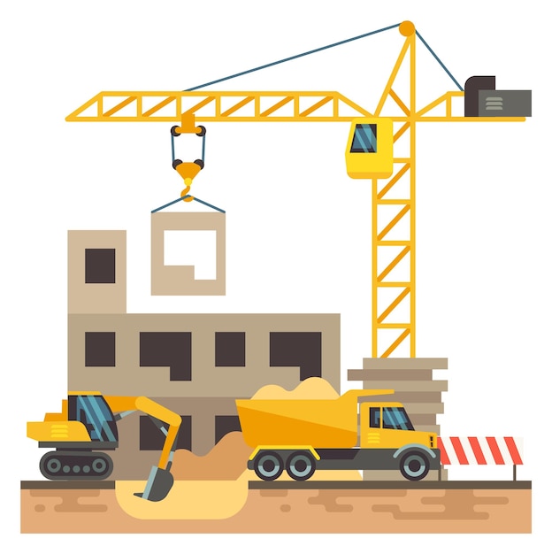 Construction site scene Cartoon house building equipment