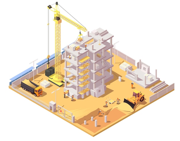 Construction site with builders and special vehicles like crane tractor truck Process of building multistorey building Industrial technology in architecture Isometric vector illustration