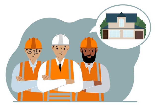 A construction team is thinking about building a house. Sad men in hard hats and vests are planning a work process. The concept of building a house. Vector flat illustration