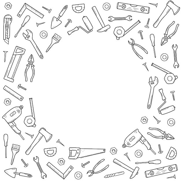 Construction tools doodle vector set of repair elements cartoon icons