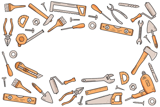 Construction tools doodle vector set of repair elements cartoon icons