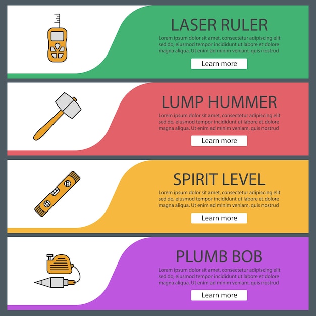 Construction tools web banner templates set. Laser ruler, lump hammer, spirit level, plumb bob. Website color menu items. Vector headers design concepts