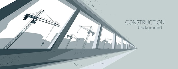 Vector construction vector illustration unfinished building interior in progress and cranes beyond the window builds skyscrapers rising city industry