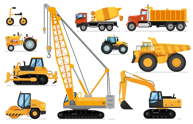 Construction vehicle set. Heavy machines for building work. Isolated crane, excavator, tractor, bulldozer, dump truck, concrete mixer road vehicle. industrial construction transport side view