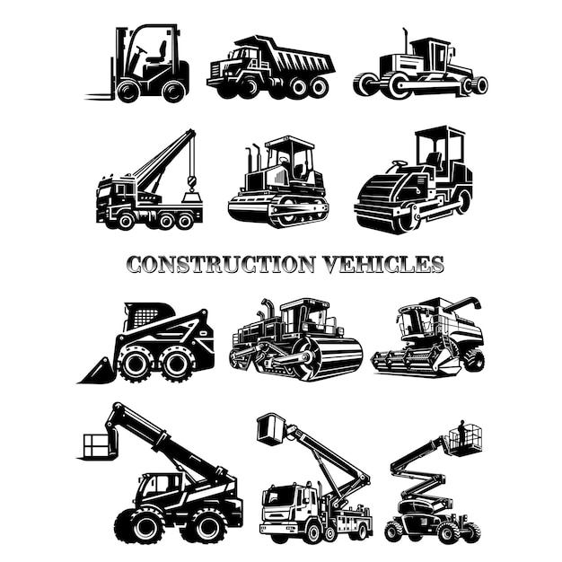 construction vehicles in black and white vector