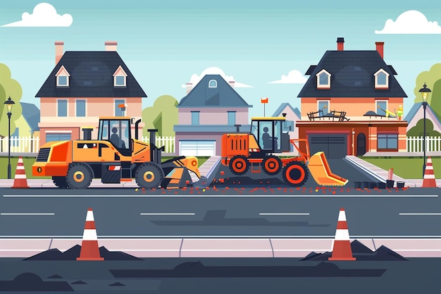 Vector construction vehicles on road repair scene