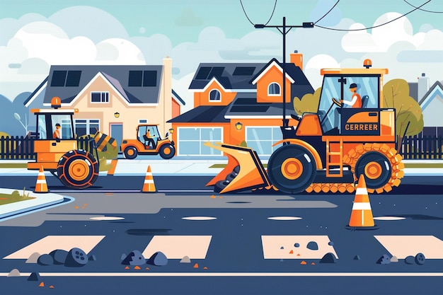 Vector construction vehicles on road repair scene