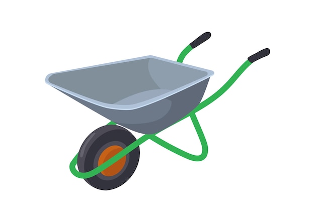 Construction wheelbarrow. Cartoon trolley, garden rural agriculture cart in wheels, flat vector icon illustration