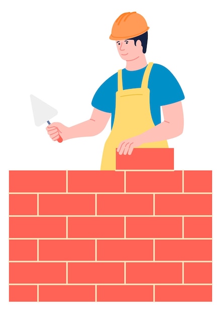 Construction worker build brick wall Masonry color icon