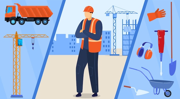 Construction worker character, builder in helmet with proffessional equipment  illustration.