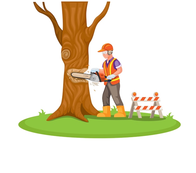 Construction worker cut tree with chainsaw tree logging activity cartoon illustration vector