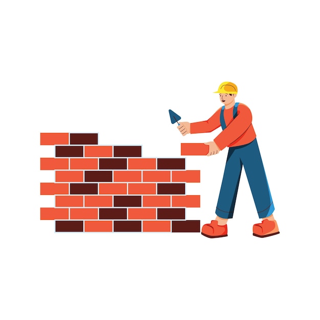 Vector a construction worker is installing brick blocks on the wall of a house