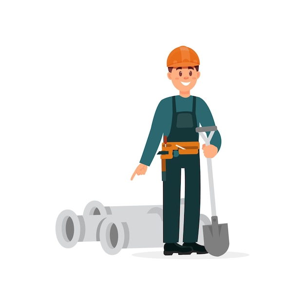 Construction worker in overalls and protective helmets standing with shovels and pvc pipes vector Illustration on a white background