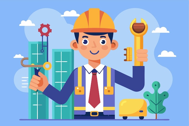 A construction worker stands proudly displaying keys and tools set against a bright background Construction worker holding keys in a flat illustration is trending