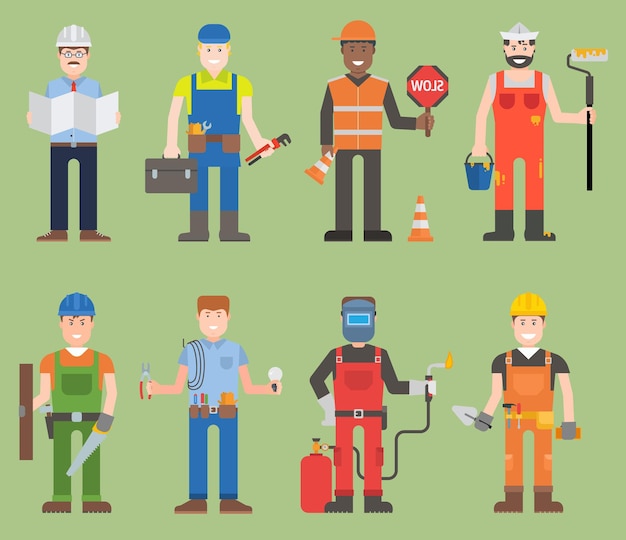 Construction worker wearing mechanic people yellow helmet and overall work clothes working with different tools set of workers man character with instruments person professional workers man.