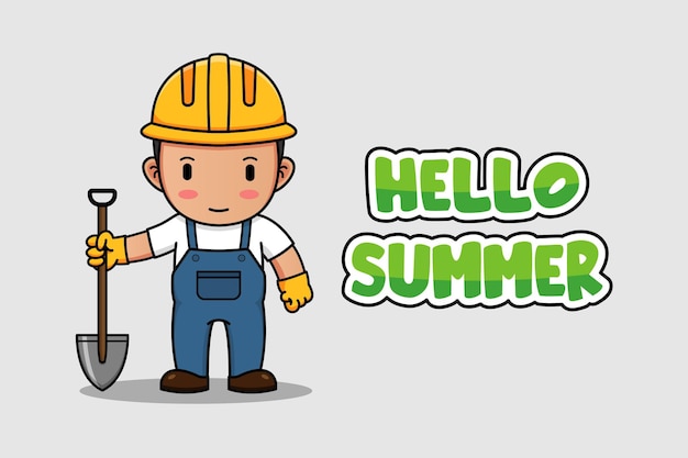 construction worker with hello summer greeting banner