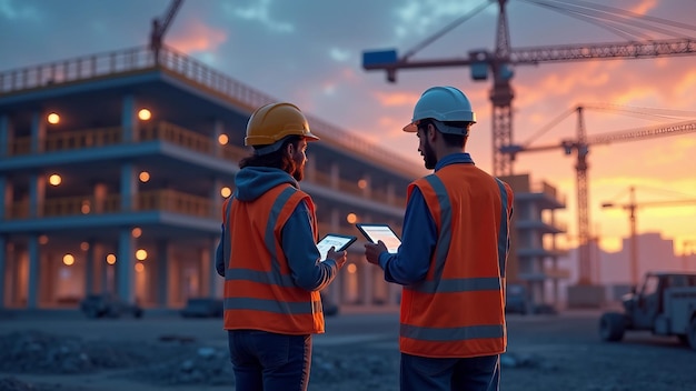 Vector construction workers discussing plans at twilight