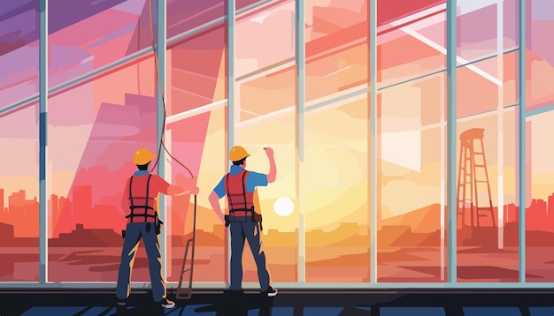 Construction workers at work on the construction site Vector illustration in flat style