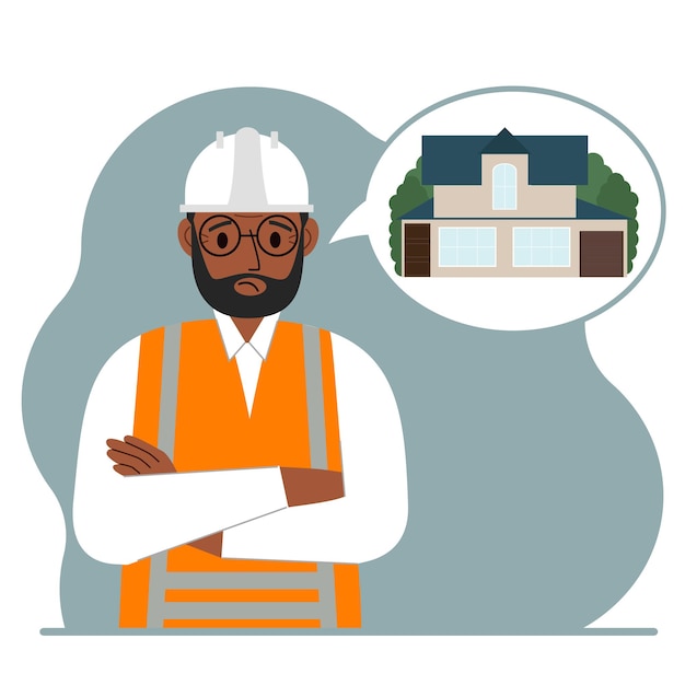 The constructor is thinking about building a house. A sad man in a hardhat and a vest is planning a work process. Engineer, house construction concept. Vector flat illustration