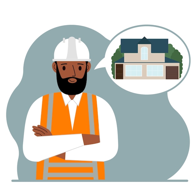 The constructor is thinking about building a house. A smiling man in a hardhat and a vest is planning a work process. Engineer, house construction concept. Vector