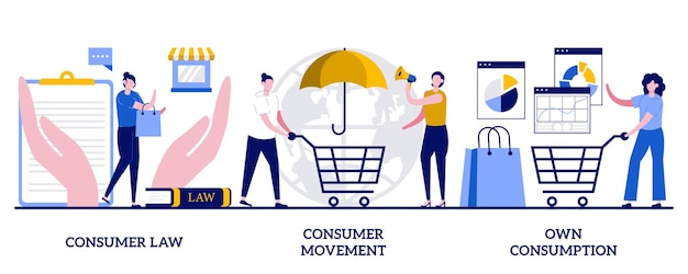 Consumer law, consumer movement, own consumption concept with tiny people. Buyer interests, rights and habits abstract vector illustration set. Legal protection service, consumer litigation metaphor.