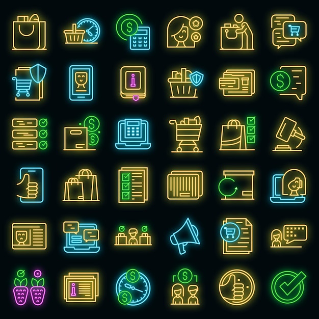 Consumer rights icons set. Outline set of consumer rights vector icons neon color on black