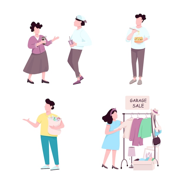 Consumers flat color faceless characters set. Woman at garage sale, guy eating take away dinner. People drinking coffee, man with garbage isolated cartoon illustrations on white background