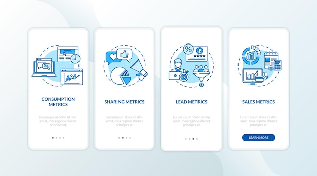 Consumption and leads metrics onboarding mobile app page screen with concepts. SMM strategy efficiency stats walkthrough 5 steps graphic instructions. UI vector template with RGB color illustrations