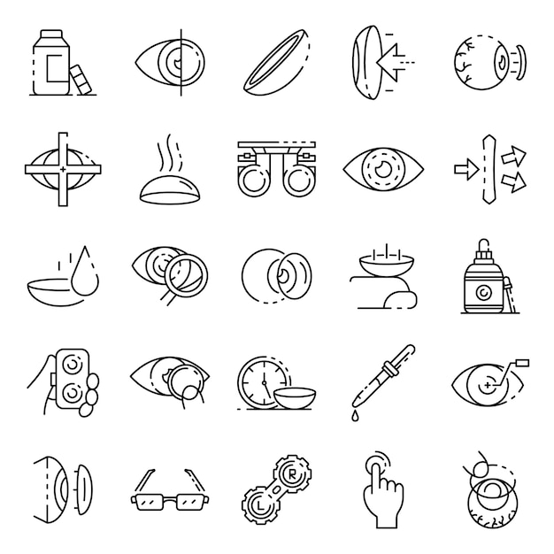 Contact lens icons set, outline style