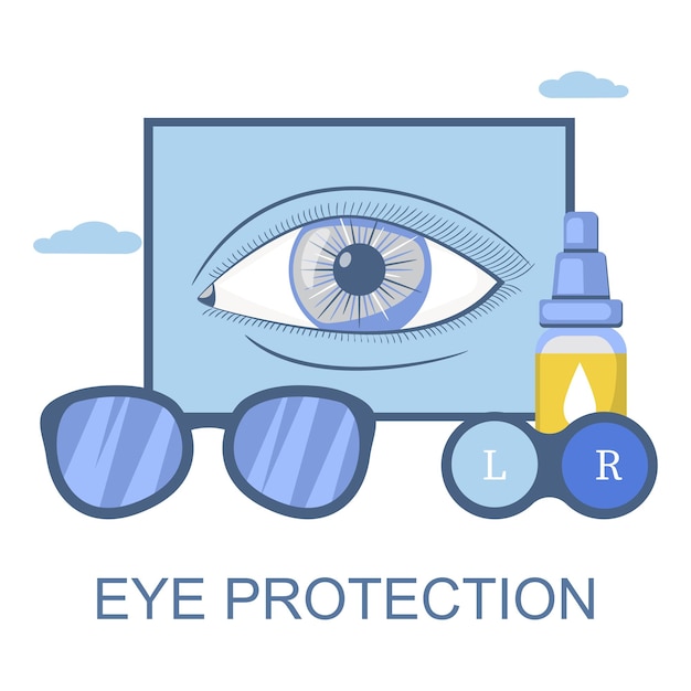 Vector contact lenses, eye drops and glasses, flat vector illustration. vision correction, eye protection. ophthalmology, optometry,