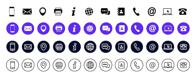 Contact us icons Business card contact information symbols Web icons set of differents style Communication icons set for web and mobile app Vector illustration