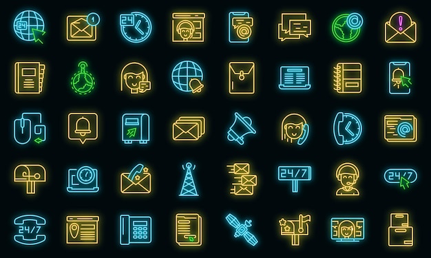 Contact us icons set. Outline set of contact us vector icons neon color on black