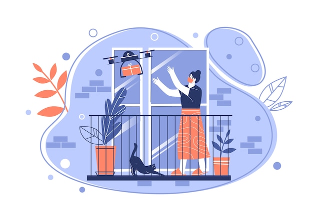 Contactless delivery concept illustration. Woman on the balcony of the apartment receives a parcel quadcopter. The use of modern technology in courier delivery. Vector