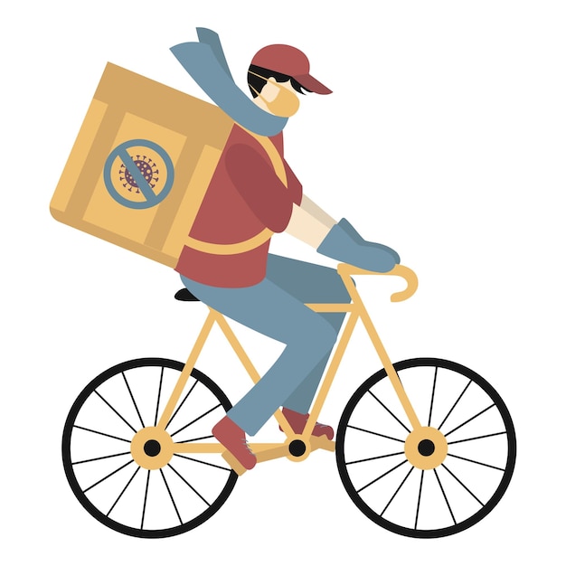 Contactless Delivery of food concept Coronavirus covid19 Delivery man courier on a bike wearing a medical mask carries a delivery