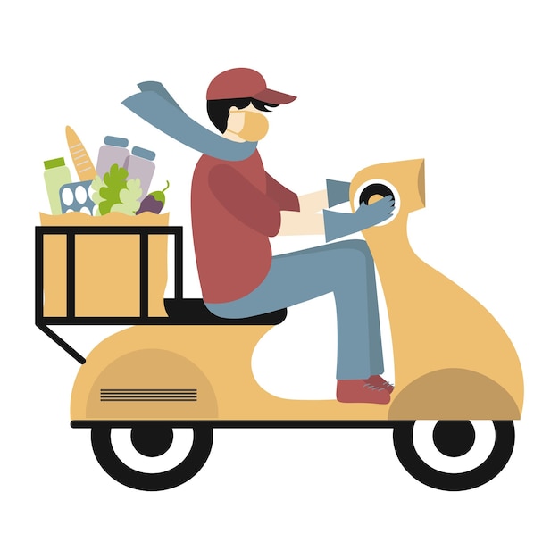 Contactless Delivery of food concept Coronavirus covid19 Delivery man courier on a moped wearing a medical mask carries a delivery