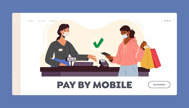 Contactless Mobile Payment Landing Page Template. Woman Character in Facial Mask Use Pos Terminal for Cashless Paying for Purchase in Supermarket with Card Reader Machine. Cartoon Vector Illustration