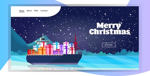 container cargo ship with gift present boxes logistic sea ocean transportation concept christmas new year winter holidays celebration landing page