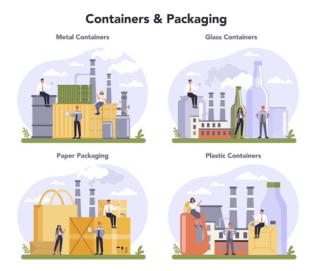 Container and packaging industry set. Metal, glass, paper and plastic wrapping material. Global industry classification standard. 