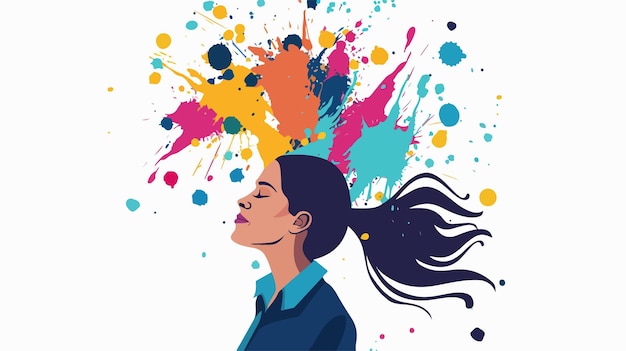 Vector contemplative businesswoman surrounded by vibrant colorful splashes