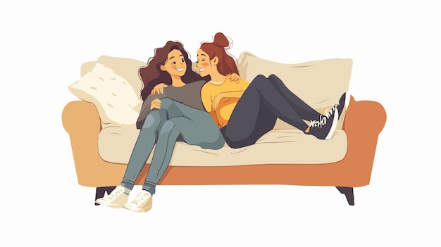 Contemplative Lesbian Couple Relaxing on Sofa at Home